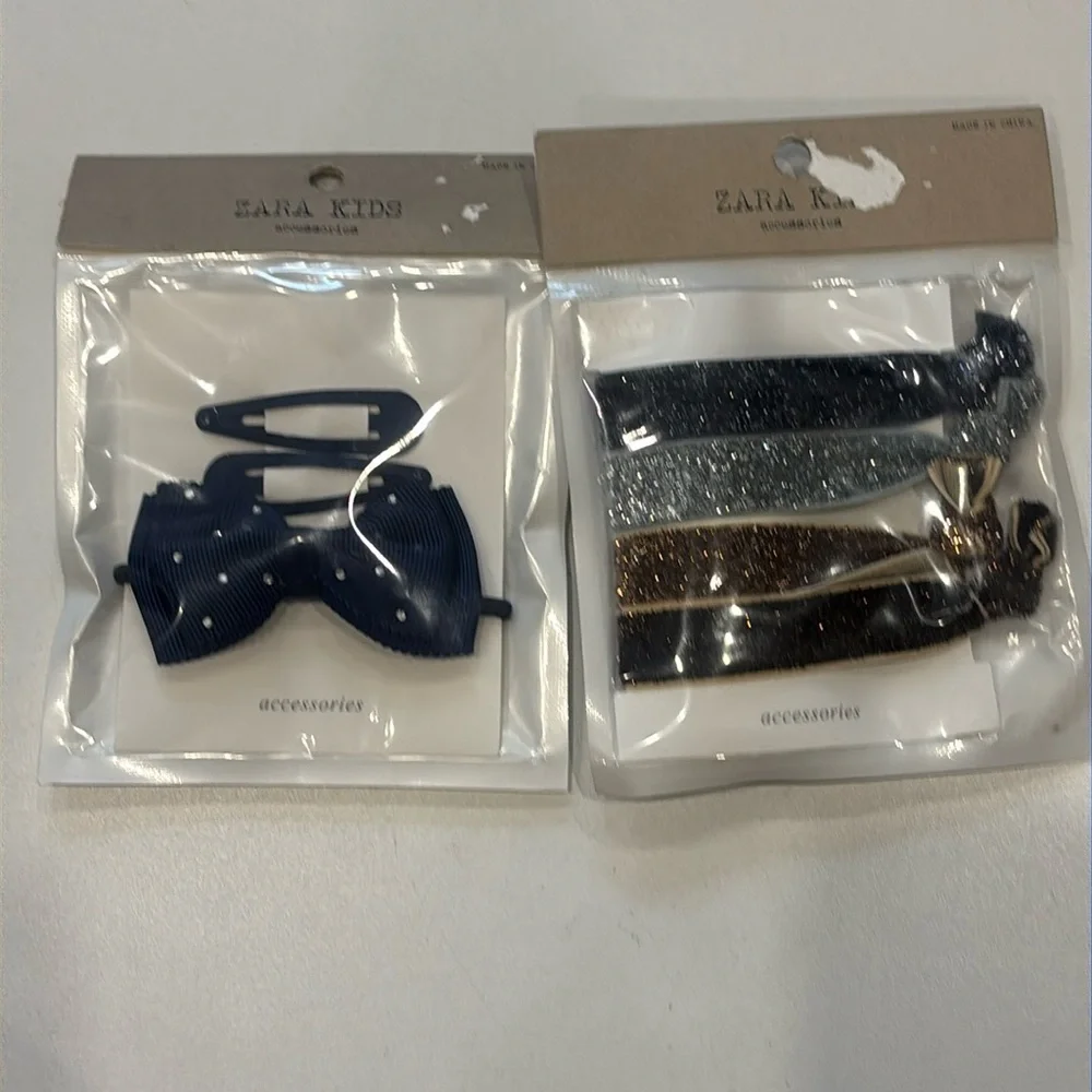 Zara Kids Glitter Hair Accessories Set - Black, Silver, Brown, and Navy Bow